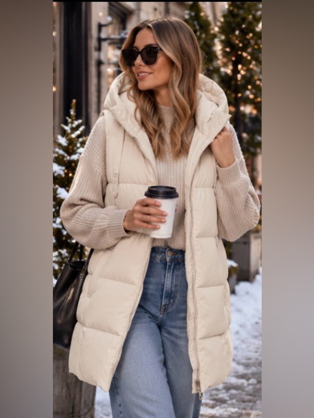 MOS MOSH Midi Hooded Puffer Vest Ivory Cream Quilted Zip Coat